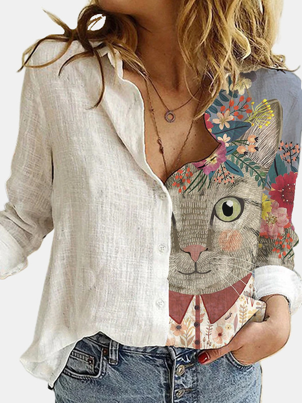 2020 Foreign Trade Cross-border Fashion Women's Loose Animal Cat Printed Long Sleeve Shirt 8936