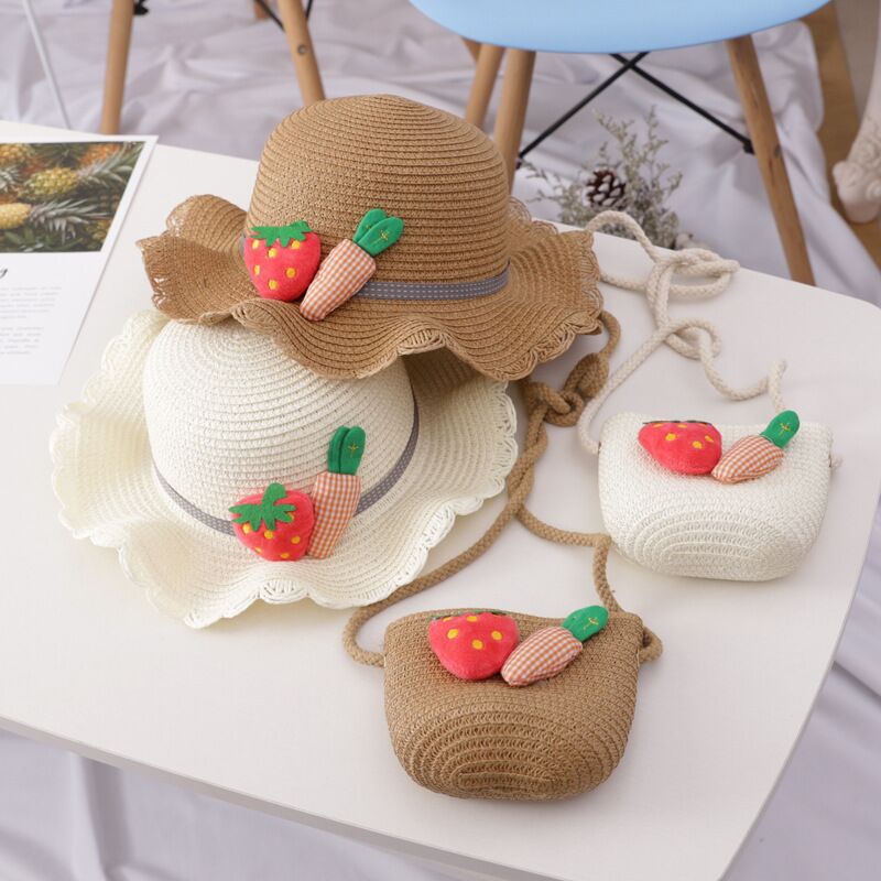 Cute Wavy Children's Straw Summer Girl Travel Beach Sun Hat Bag Set display picture 3