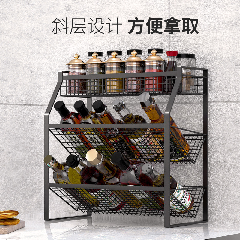 Estante de almacenamiento directo de fábrica suministros de almacenamiento de cocina piso de hierro negro de tres capas condimento de almacenamiento de rack condimento rack