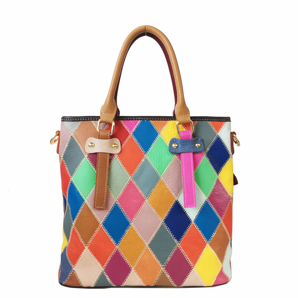 Damen Handtasche Aus Echtleder, Bunte Beuteltasche Mit Muster_voghion.com