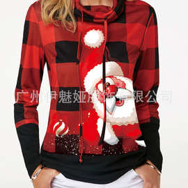 eBay亚马逊新款 圣诞老人印花撞色高领格子长袖系带女T恤格子女装