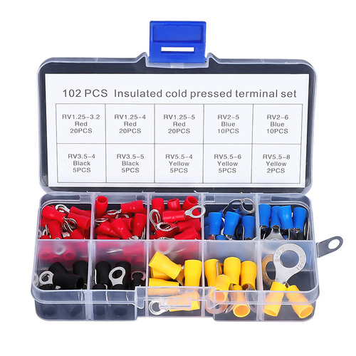Cross-border e-commerce supply insulated cold-pressed terminal 102pcs boxed RV four-color circle crimped terminal block combination