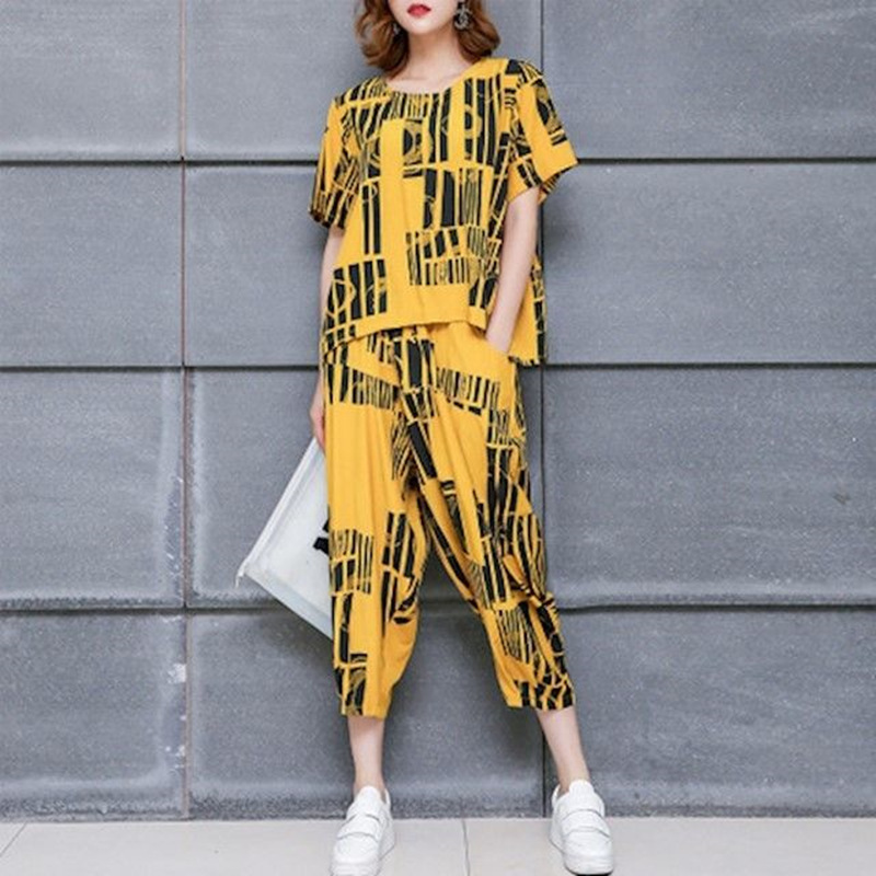 Summer Fashion suit Korean Fan Women's Artistic Printed Loose T-Shirt Casual Nine-point Haren Pants plus size Two-piece Set