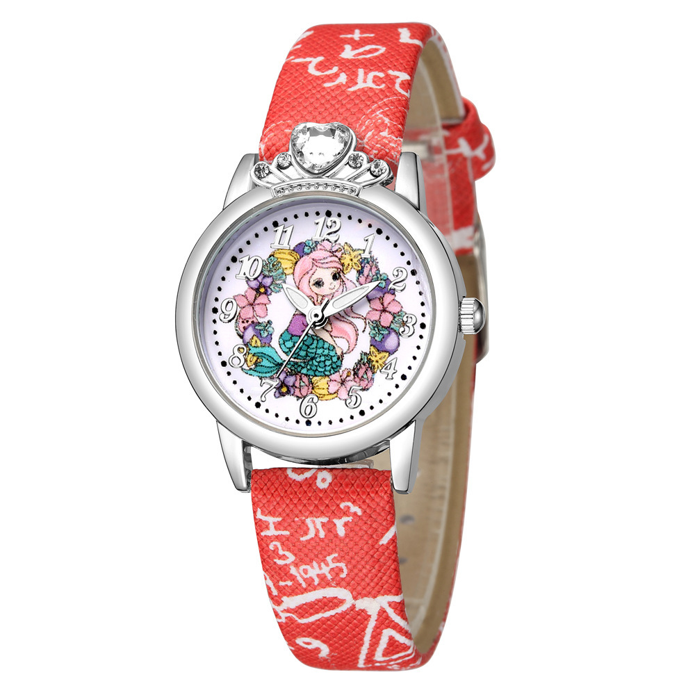 可爱卡通手表 公主图案银壳女学生手表 镶钻小女孩皮带表watch