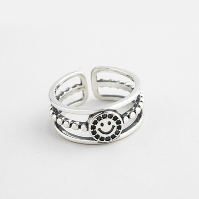 日韓風新款s925純銀戒指女生鑲石笑臉氣質銀指環開口潮流雙層手飾