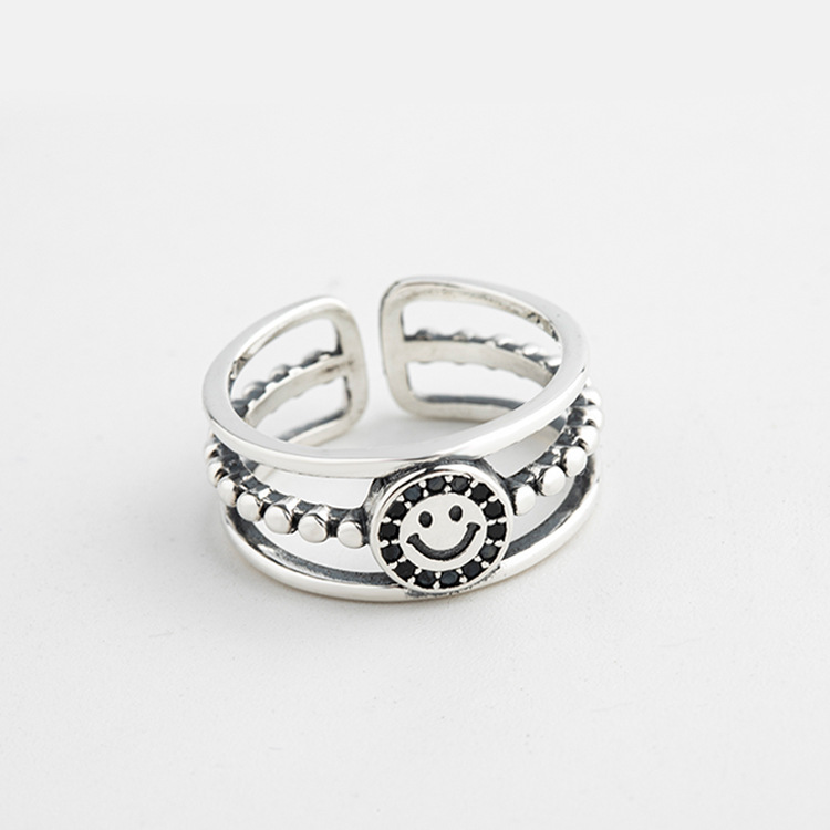 日韓風新款s925純銀戒指女生鑲石笑臉氣質銀指環開口潮流雙層手飾