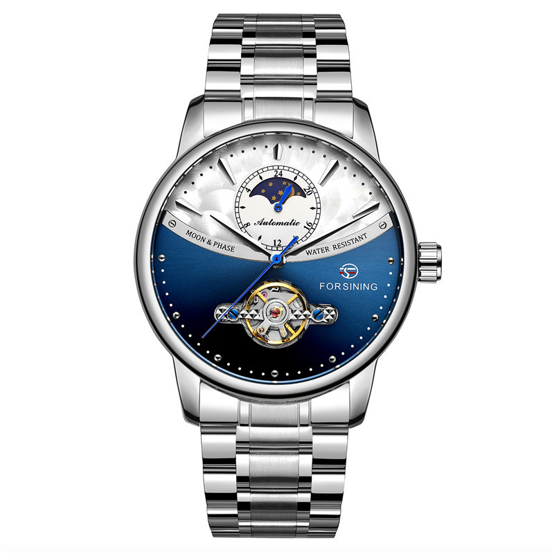 Forsining busini correa de acero los hombres negocios reloj mecánico automático inferior transparente hueco 8179