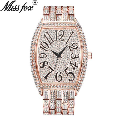 MISSFOX watch foreign trade European and American fashion diamond barrel type full diamond large dial quartz men's watch
