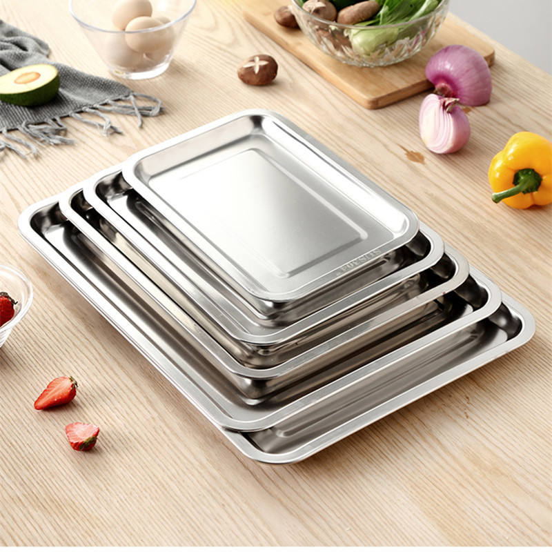 Chaozhou Ronghua Wholesale 304 Stainless Steel Tray Square Plate Thick Non-Magnetic Rectangular Canteen Steamed Rice Plate Barbecue Plate