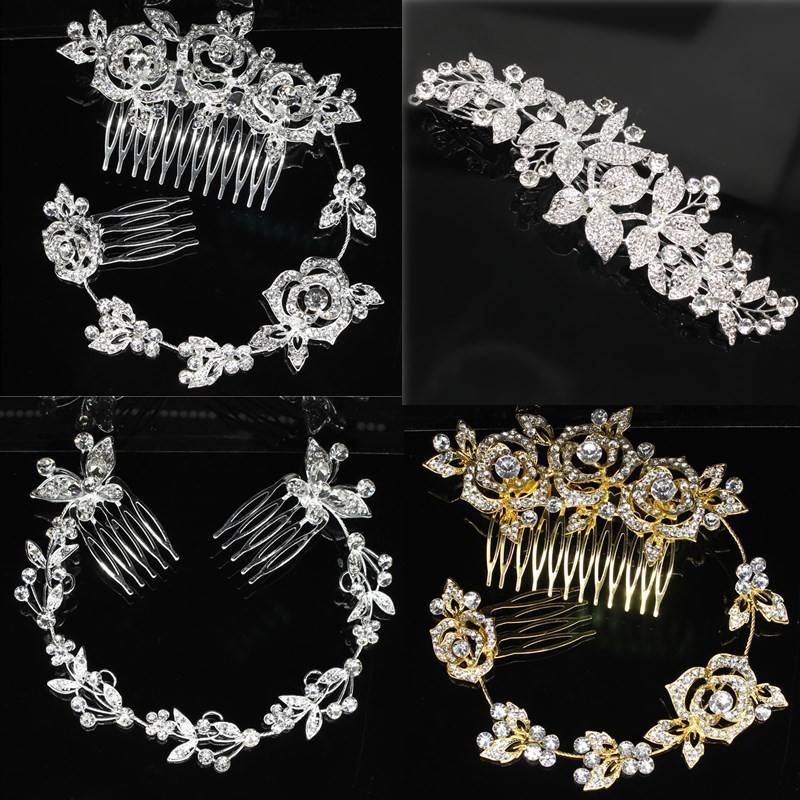 批发唯美蝴蝶花朵镶钻合金发梳发饰长款软链条新娘结婚头饰品发卡|ms