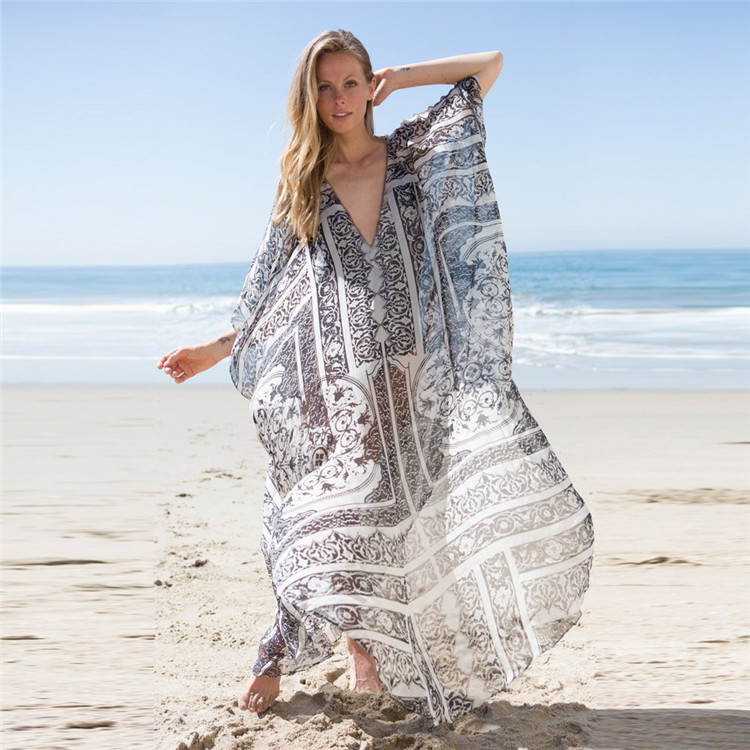 跨境欧美热销款海边度假沙滩裙比基尼泳衣外罩衫雪纺宽松超大长裙