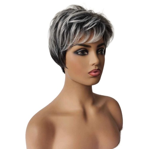 Factory direct sales foreign trade fashion wig, gradient gray and white female short hair, small curly tube partial parting, high temperature wire one piece hair
