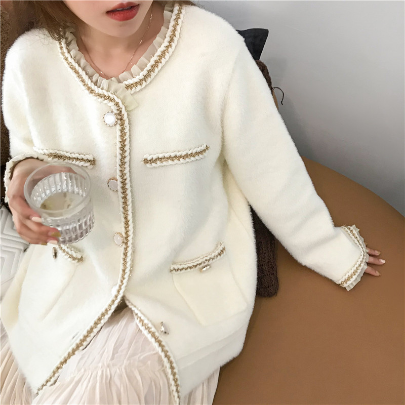 2020秋季新款外套女裝花邊袖小香風開衫上衣冬季毛衣精品壹件代發