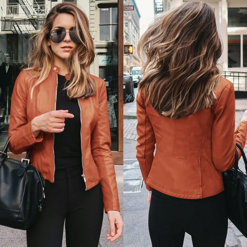 Women's Fashion Solid Color Patchwork Zipper Leather Jacket Small Suit display picture 4