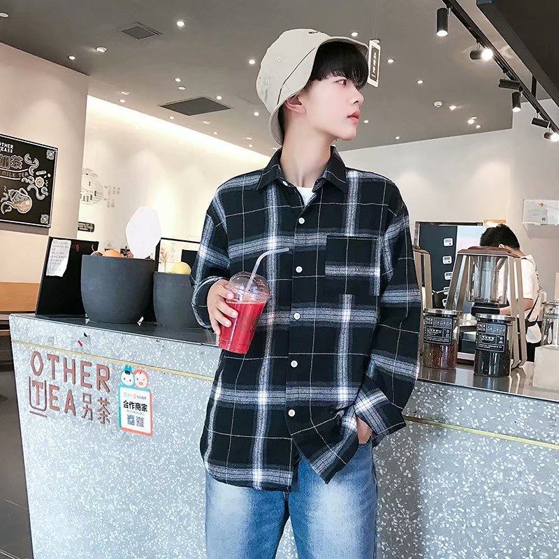 2020 camisa a cuadros de manga larga de estilo coreano de los hombres slim fit juventud moda guapo camisa pareja casual Camisa delgada