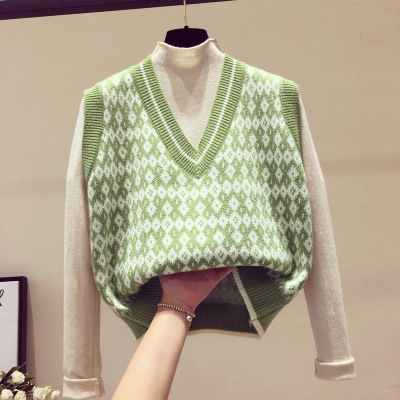 菱格毛线背心马甲女初秋外穿无袖坎肩大码套头小香毛衣针织马夹潮|ru