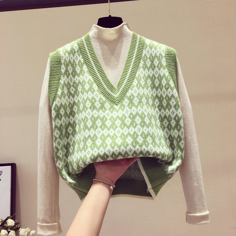 菱格毛线背心马甲女初秋外穿无袖坎肩大码套头小香毛衣针织马夹潮|ru
