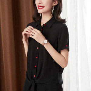 Chiffon Blouse women’s short sleeved loose black thin blouse