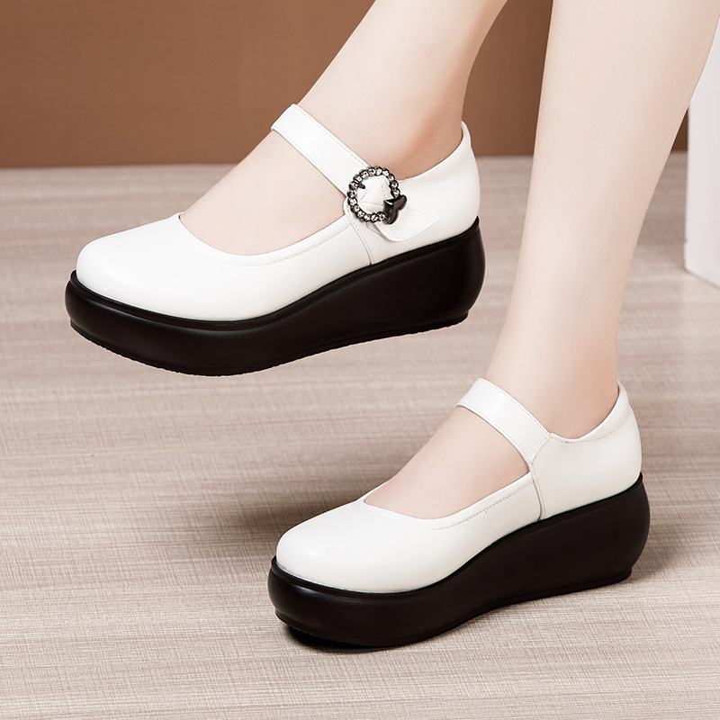 Round Toe Wedge Heel Shallow Mouth Flats for Women 2025 Autum New Medium Heel Thick Sole Waterproof Platform Flats Bottom Comfortable Mom Women's Shoes