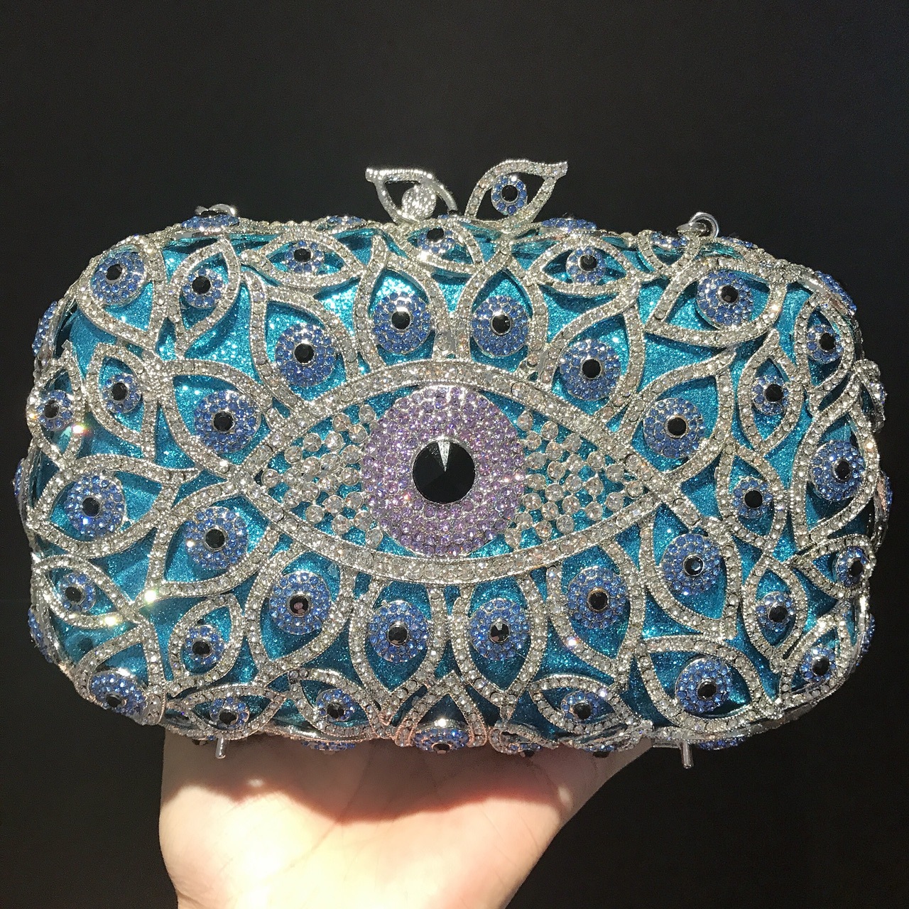 Túi clutch nữ đính kim cương dạ tiệc kiểu vuông nhỏ — Màu xanh lam chi tiết 6
