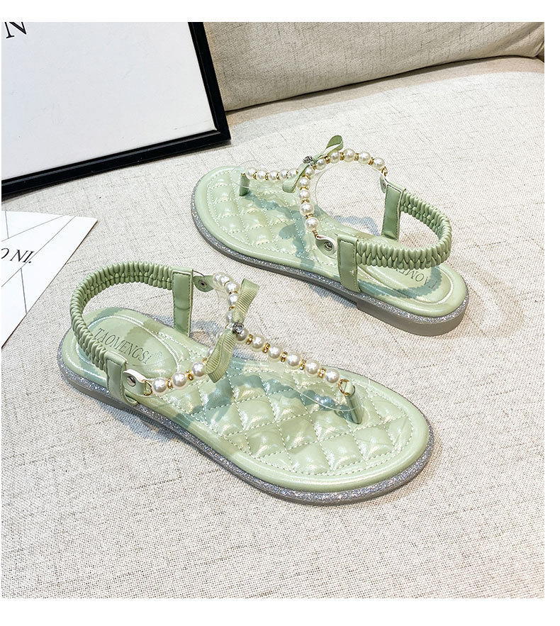 Dép sandal nữ quai ngang đính ngọc trai và đá lấp lánh, đế bệt mũi tròn — Màu mơ, Màu đen chi tiết 19