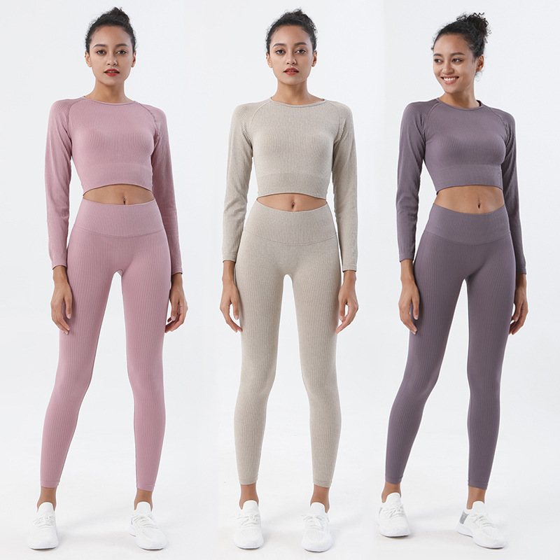 Nuevo europeo y americano Amazon pantalones de yoga de punto sin costuras traje de fitness nylon de secado rápido traje de yoga traje de manga larga mujeres