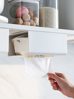 壁挂式厨房用纸挂架橱柜纸巾架免打孔粘贴式悬挂抽纸收纳盒|ru