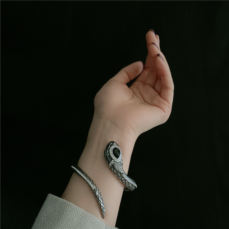 retro antique silver snake totem gemstone diamond exaggerated opening bracelet