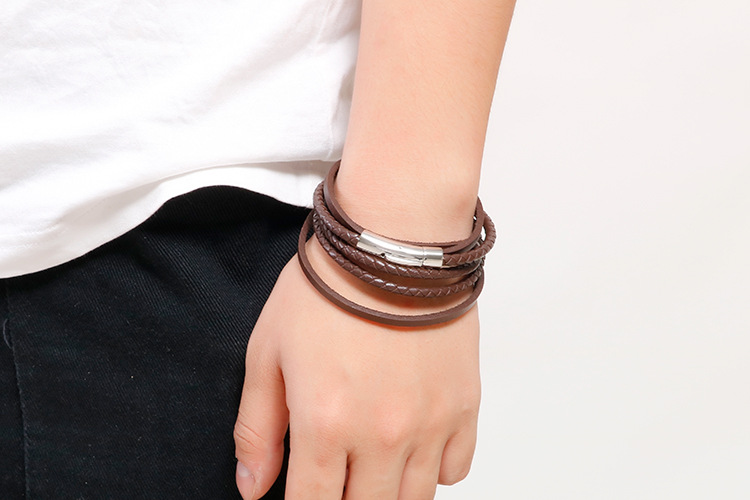 304 Stainless Steel Material Geometric Pattern Men's Gender Hip-Hop Retro Geometric Stainless Steel Leather Braid Men's Wristband Men Cord & Leather Bracelets