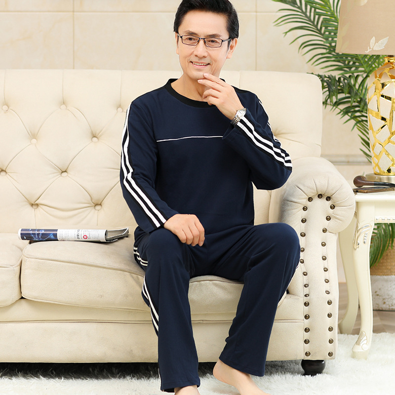 春秋季睡衣男长袖中老年老人爸爸男士套头全棉质家居服套装中年男