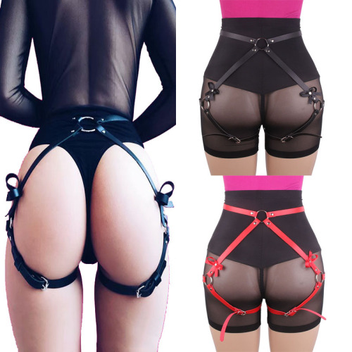Factory direct sale sexy bowknot hip-lifting leg hoop thigh ring European and American hot-selling leather fetish waist belt restraint