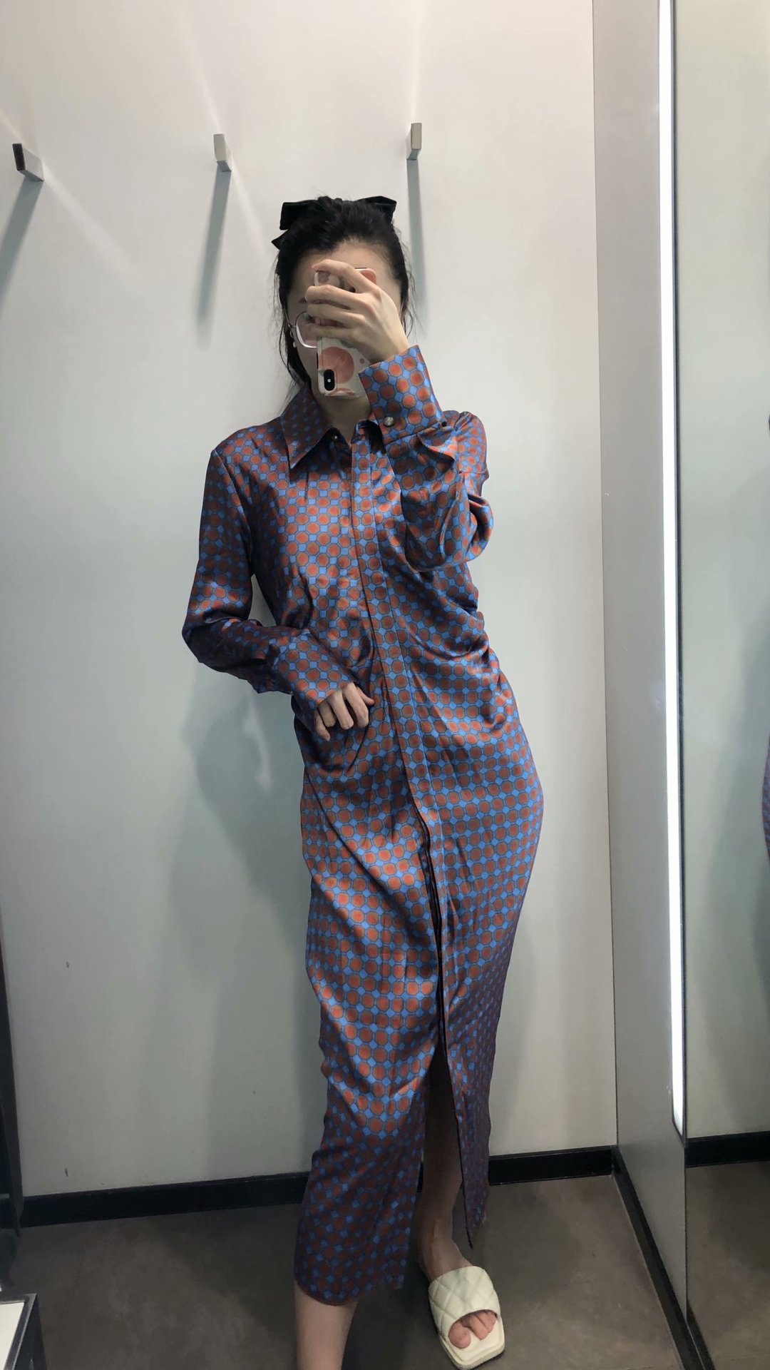 autumn new lapel pleated printed shirt dress NSAM6551