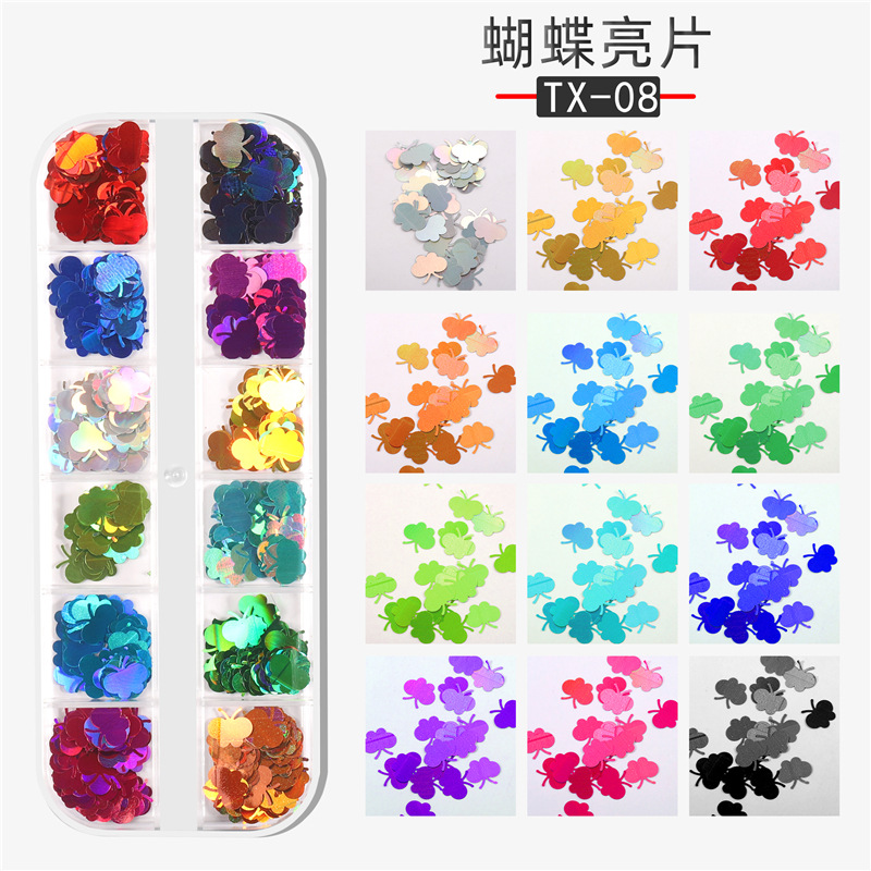 Lentejuelas de uñas populares transfronterizas láser hoja de arce mariposa carta llama lentejuelas DIY caja de tira lentejuelas de uñas