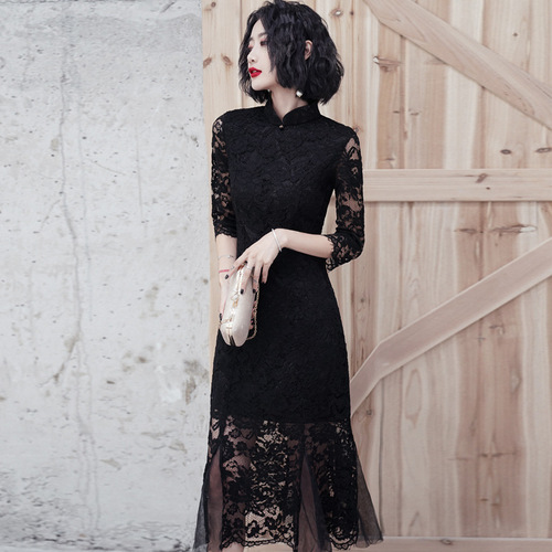 Black lace Chinese dress qipao oriental cheongsam dresses for women elegant temperament modified version dress