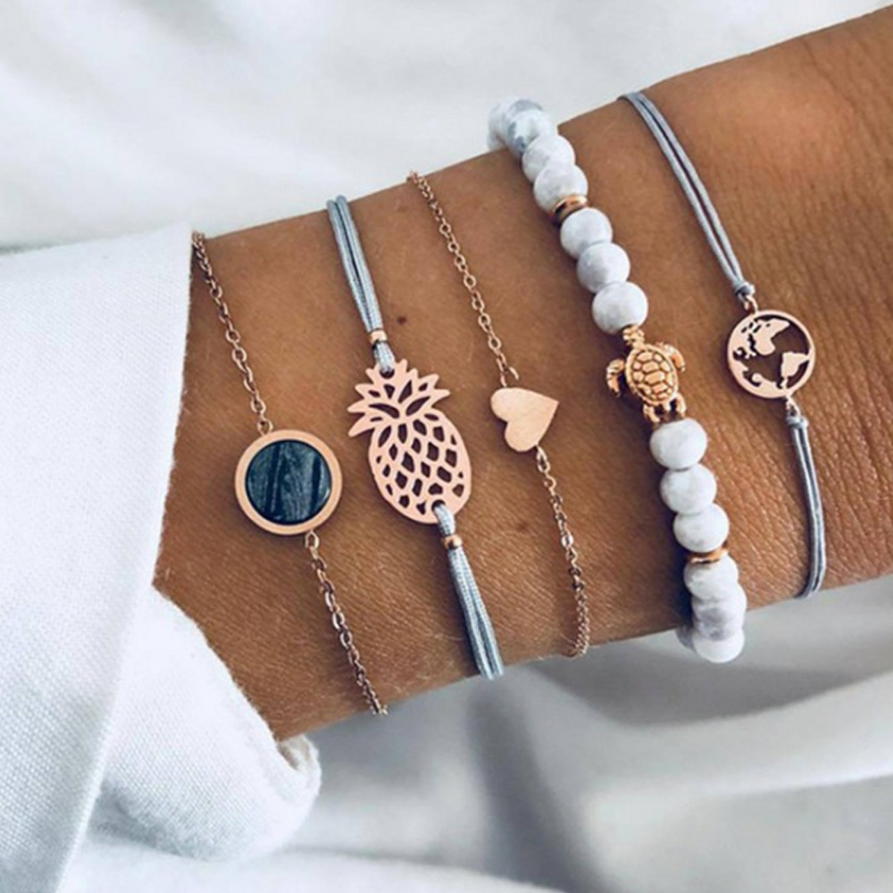 Europa y América transfronteriza moda piña amor negro grano mapa tortuga cian grano cadena diamante turquesa pulsera de cinco piezas conjunto