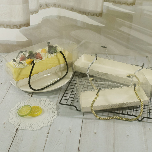 Swiss Japanese transparent carrying cake roll packaging box, long PET towel roll style pastry cake Swiss box