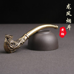 純黃銅復古傳統龍鳳呈祥浮雕煙斗古玩收藏工藝品旱煙袋老銅器批發