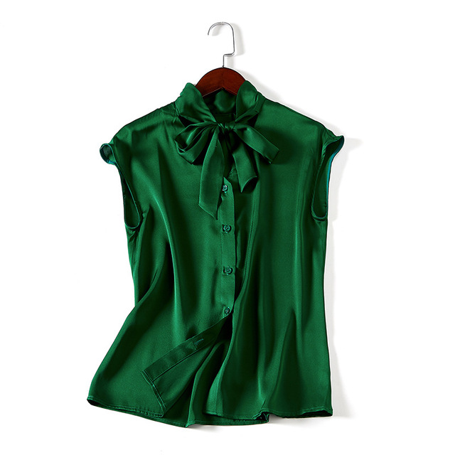 Silk shirt women’s European and American fashion solid color bow mulberry silk solid color shirt