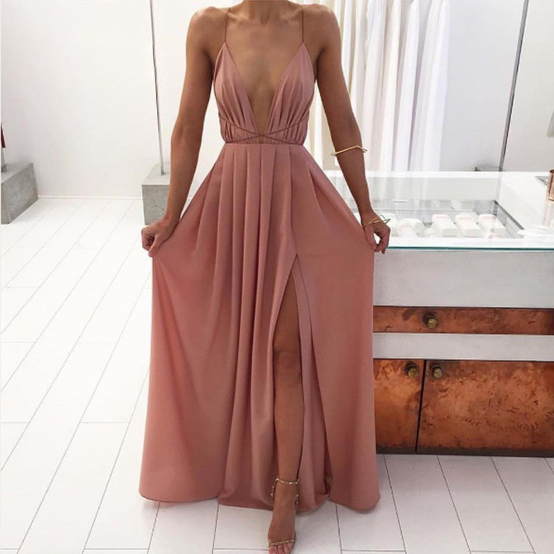 sling solid color V-neck split hem long dress  NSYI18714