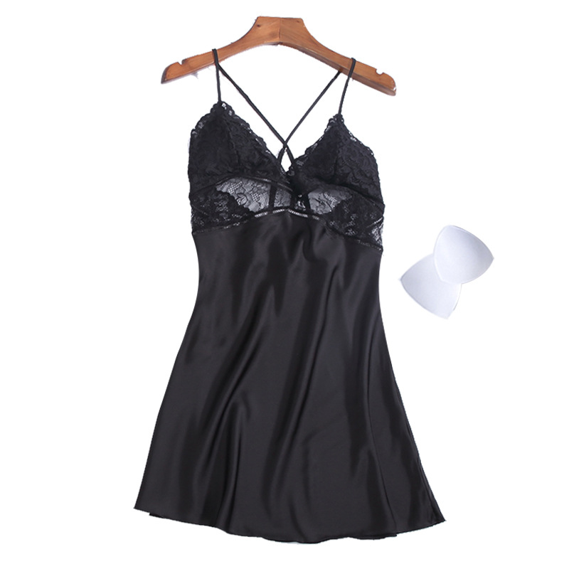 Dames Soie Sexy Bretelles Chemise De Nuit Poitrine Pad Creux Dentelle Mode Doux Vêtements Pour Femmes En Gros display picture 10