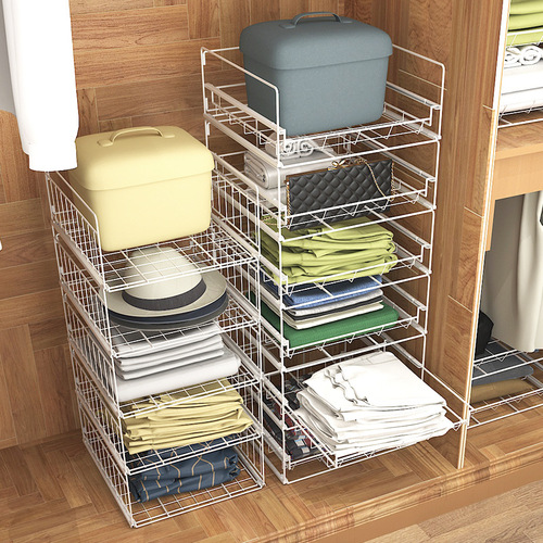 Wardrobe internal storage basket, layered partition drawer-type push-pull storage rack, multi-layer stacked clothing organizer