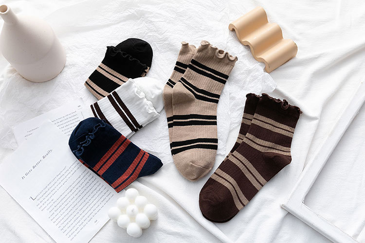 wood ear striped calf cotton socks NSFN9366