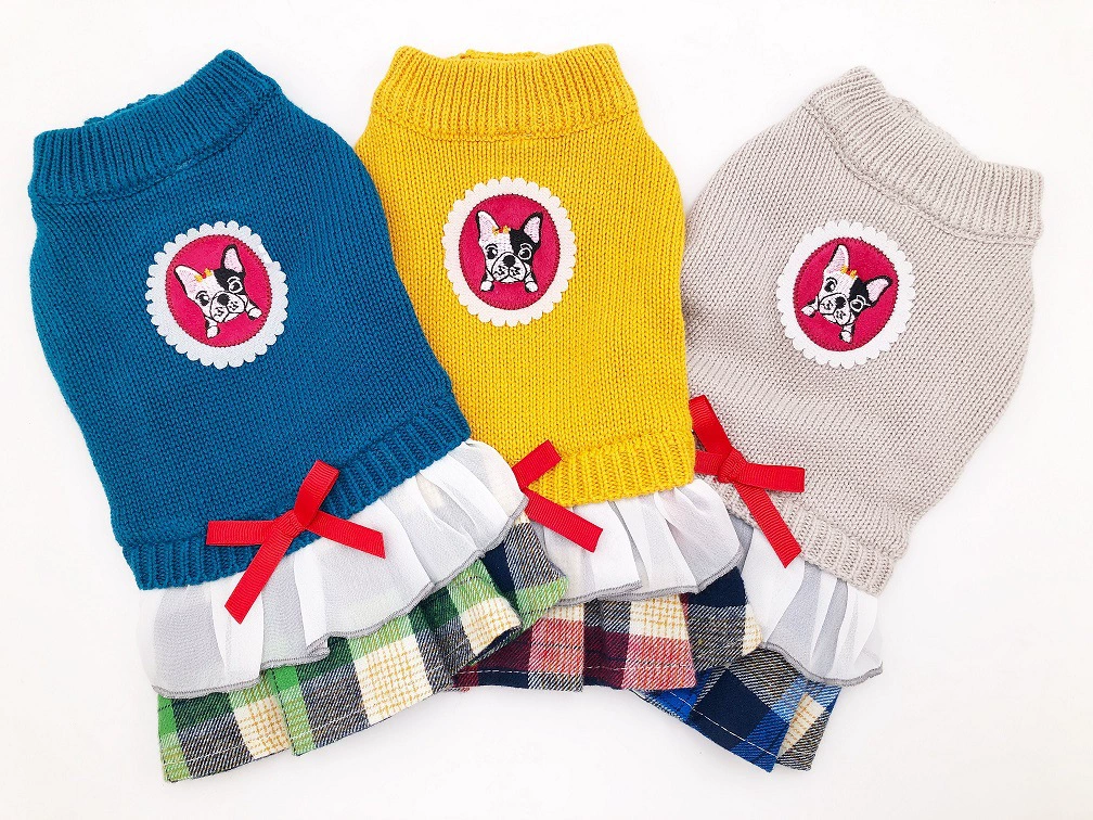 Свитер для домашних животных вязаный свитер для собак в клетку свитер юбка с кружевной вышивкой бант