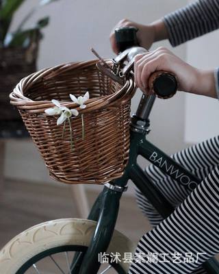ins韩国儿童车筐藤柳编手工编织车篮 自行车车篮筐零食玩具收纳筐