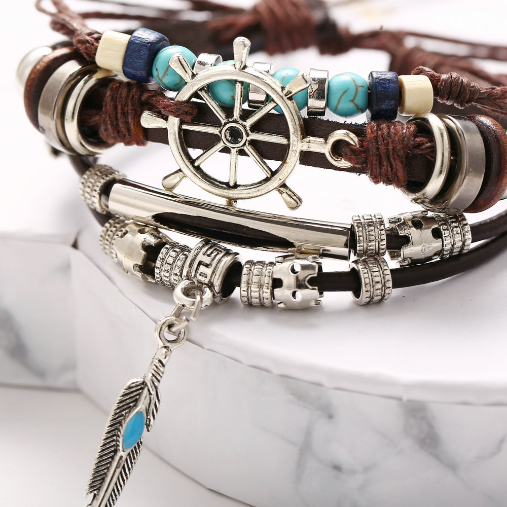 Casual Feather Rudder Pu Leather Alloy Wood Plating Metal Bracelets display picture 3