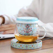家用玻璃花茶杯陶瓷内胆茶水分离带盖泡茶水杯办公室加热恒温杯垫
