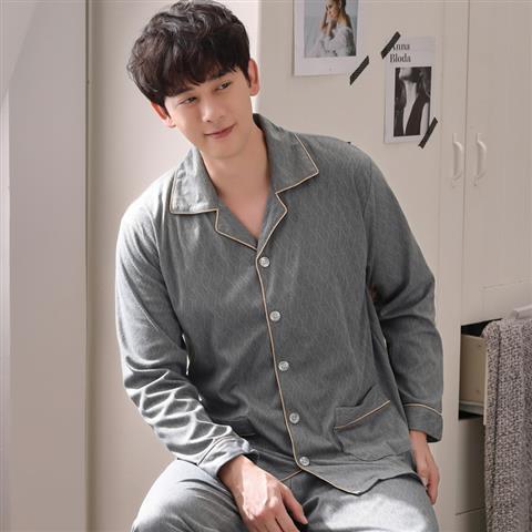 Pijamas hombres 100% algodón de manga larga primavera y otoño de los hombres de otoño e invierno cardigan pluma de algodón traje de desgaste del hogar