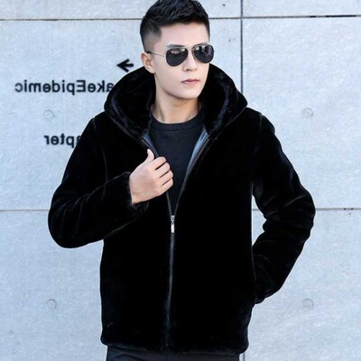 2020韩版男士仿皮草水貂毛外套短款连帽休闲大衣貂绒大码仿獭兔毛
