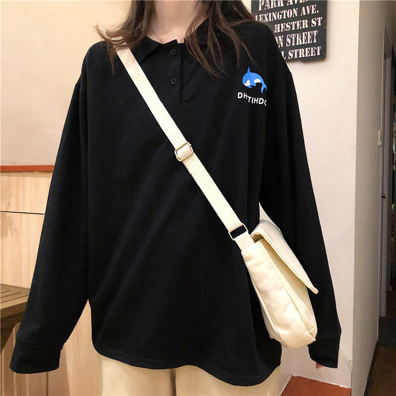 2020初秋新款古着日系翻领polo衫卫衣女ins宽松bf慵懒风休闲上衣