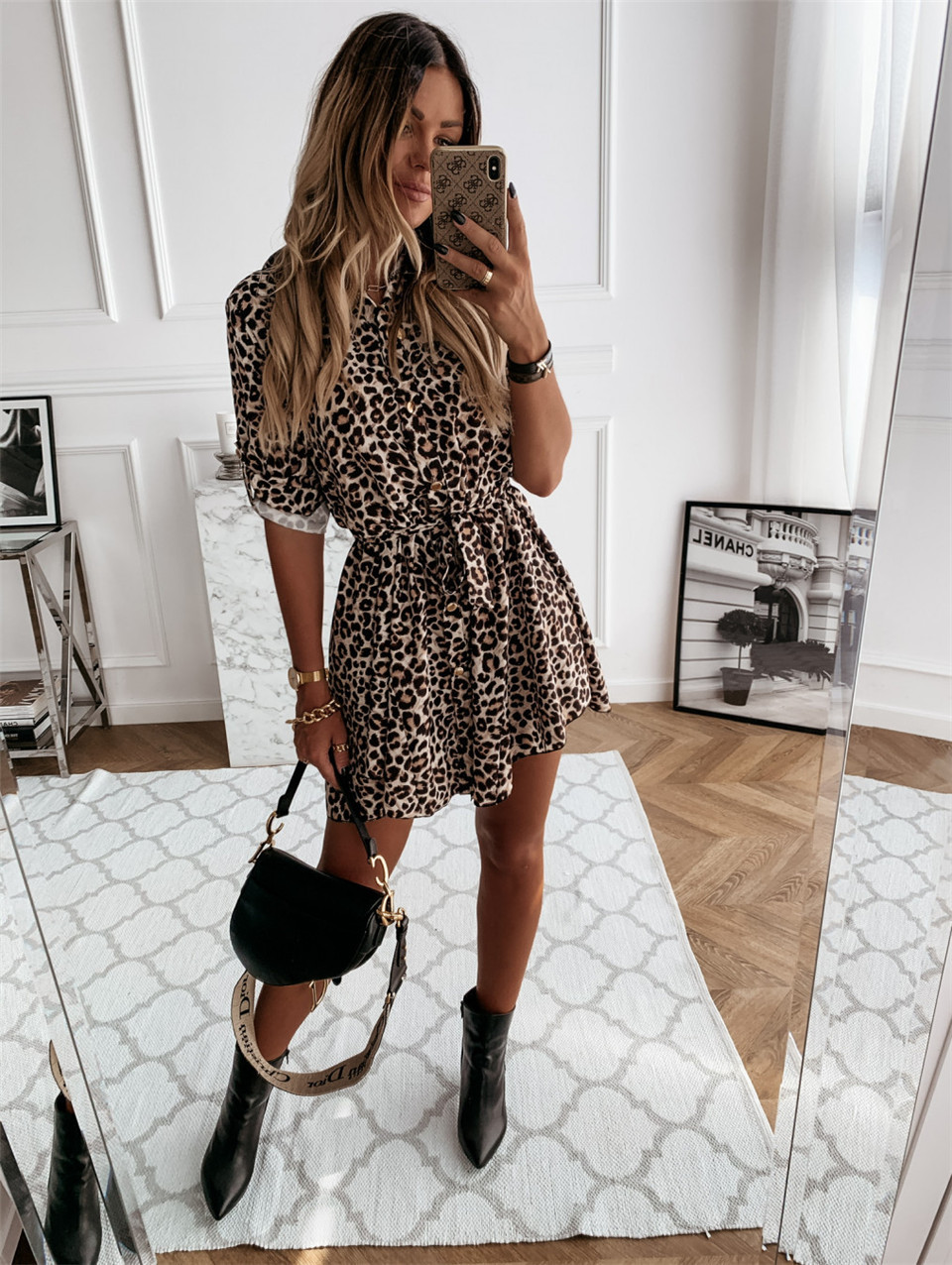 Long-Sleeved Sexy Printed Shirt Dress NSYF1828